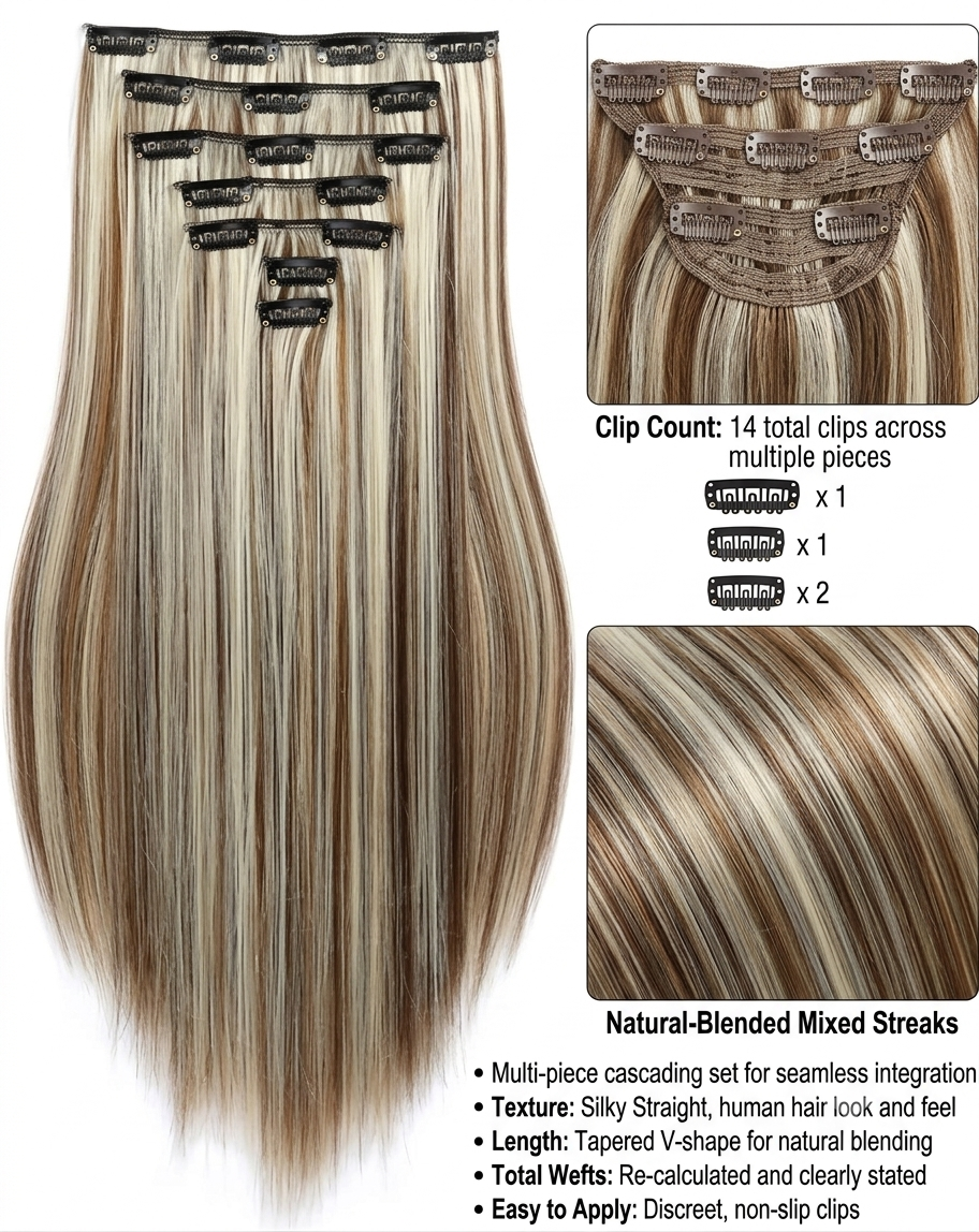 Clip In Hair Extensions - 24" - Synthetic -7Pc -16 Clips - Straight